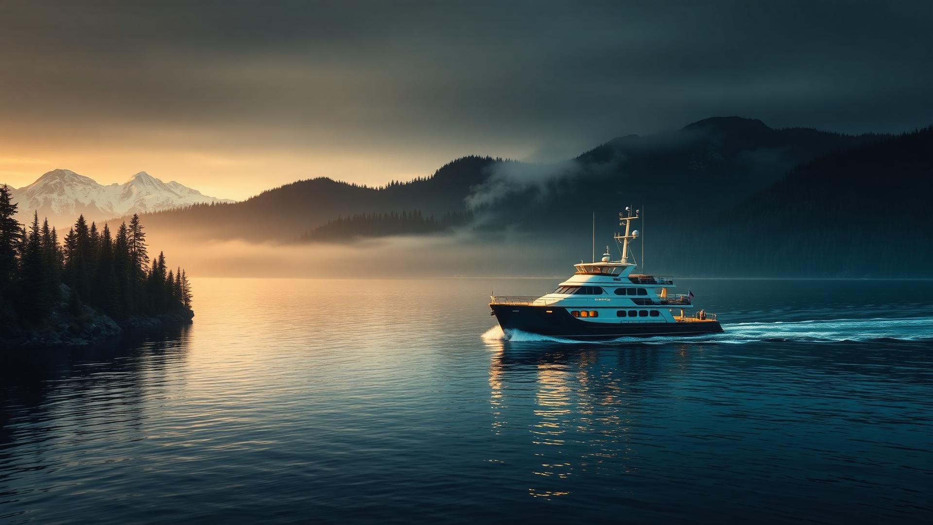 Selene trawler cruising the Pacific Northwest at golden hour